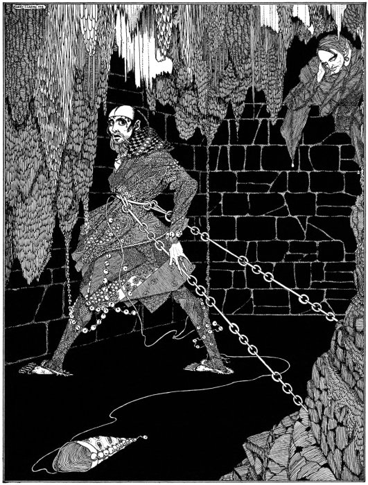 Illustration of Fortunato chained to the wall from The Cask of Amontillado